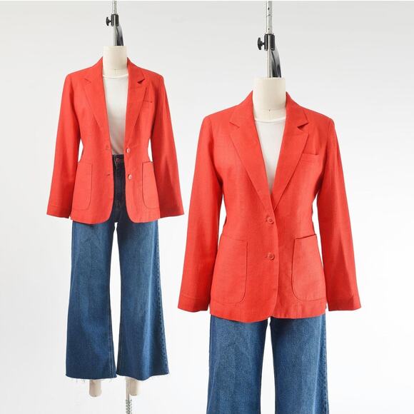 Vintage 70s Red Linen Blazer Fitted Tailored Retro Classic Suit Jacket XS S - Picture 1 of 7